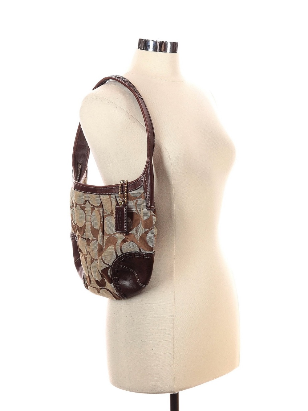 Coach Brown Signature Canvas Shoulder Bag with Leather Trim